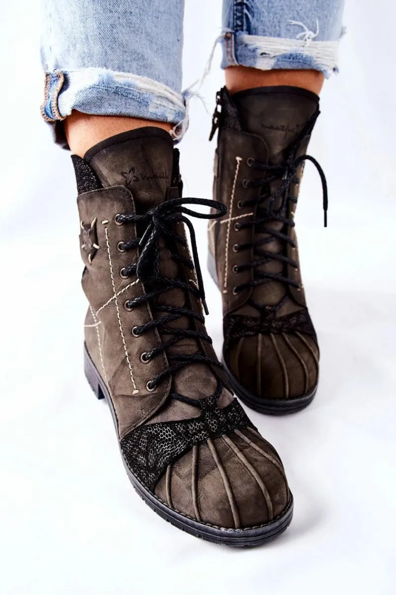 Best Botki Damskie Skórzane Ocieplane Oliwkowe 03961-24 Damskie Botki Maciejka|Botki Sznurowane