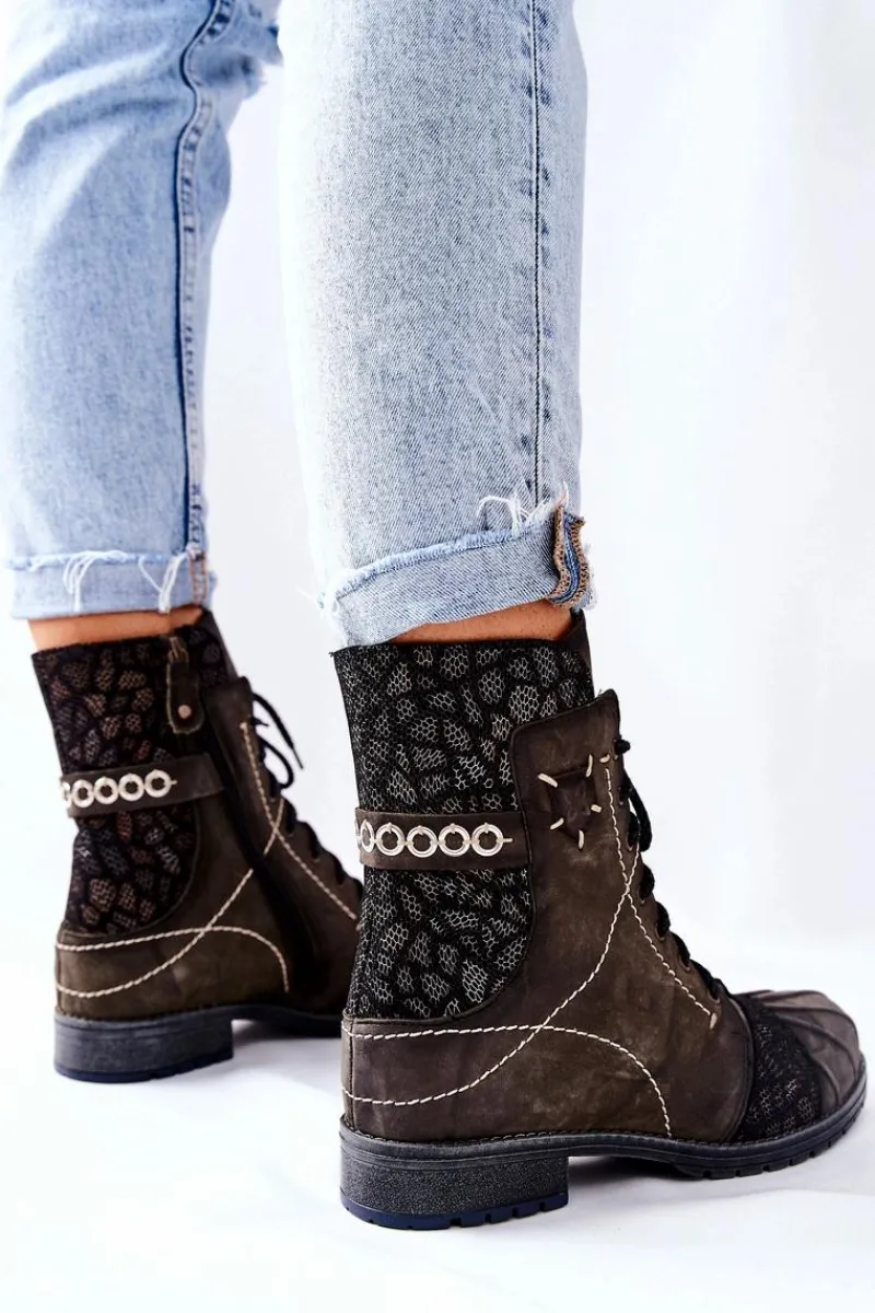 Best Botki Damskie Skórzane Ocieplane Oliwkowe 03961-24 Damskie Botki Maciejka|Botki Sznurowane