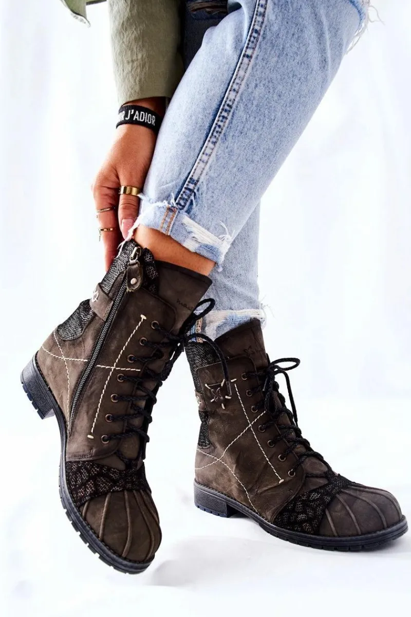 Best Botki Damskie Skórzane Ocieplane Oliwkowe 03961-24 Damskie Botki Maciejka|Botki Sznurowane