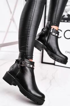 Outlet Botki Damskie Skórzane Ocieplane Czarne 2055 Damskie Czarne Botki|Botki Zimowe Damskie