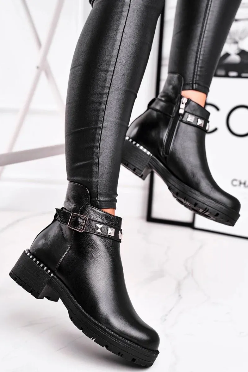 Outlet Botki Damskie Skórzane Ocieplane Czarne 2055 Damskie Czarne Botki|Botki Zimowe Damskie