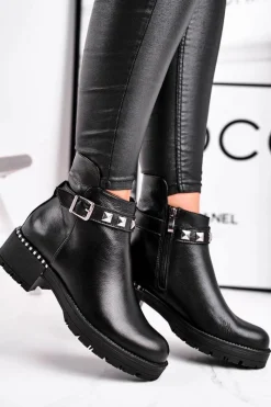 Outlet Botki Damskie Skórzane Ocieplane Czarne 2055 Damskie Czarne Botki|Botki Zimowe Damskie