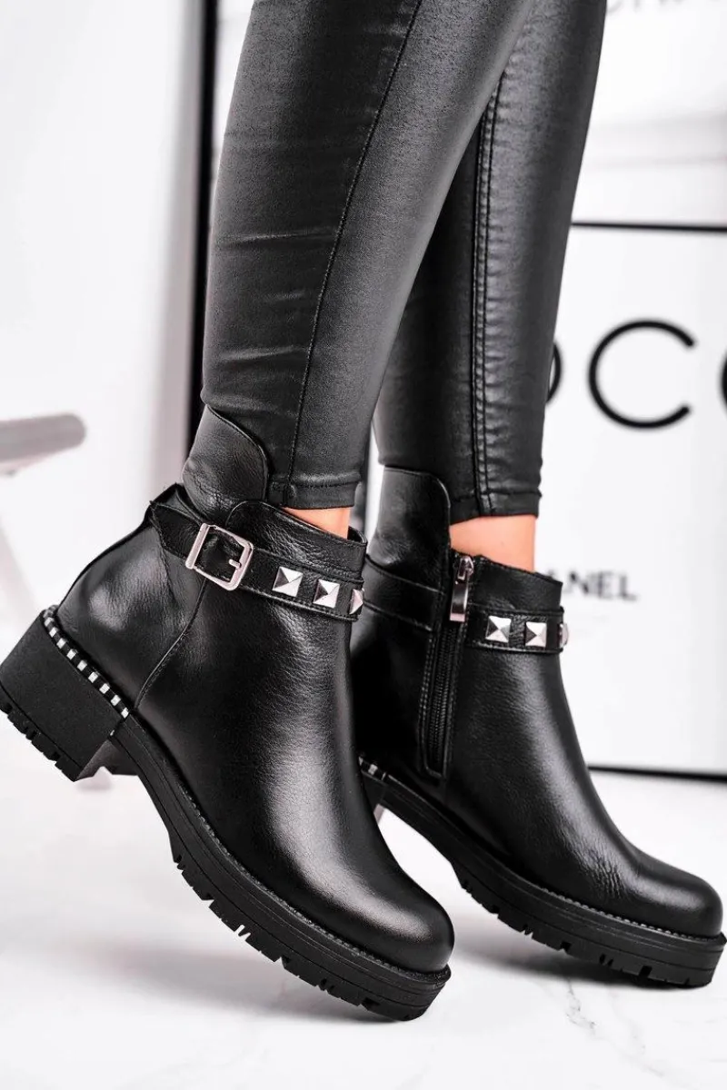 Outlet Botki Damskie Skórzane Ocieplane Czarne 2055 Damskie Czarne Botki|Botki Zimowe Damskie