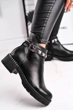 Outlet Botki Damskie Skórzane Ocieplane Czarne 2055 Damskie Czarne Botki|Botki Zimowe Damskie