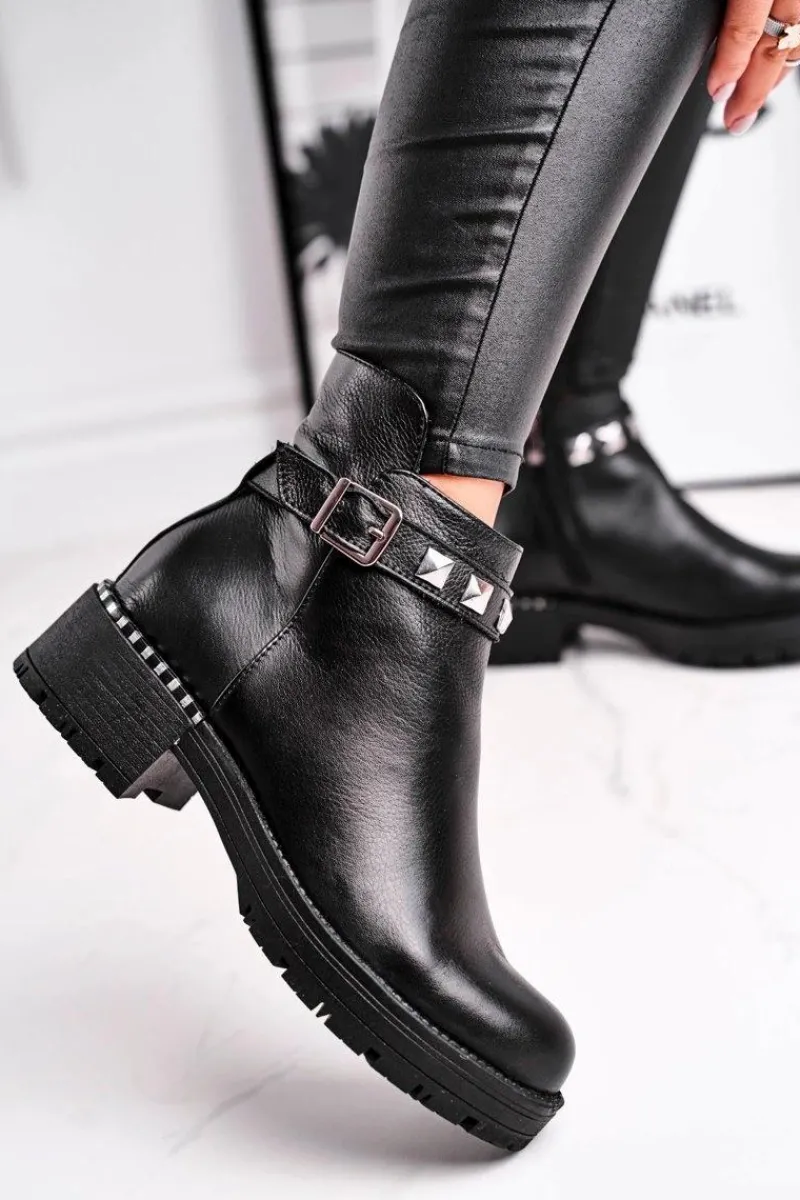 Outlet Botki Damskie Skórzane Ocieplane Czarne 2055 Damskie Czarne Botki|Botki Zimowe Damskie