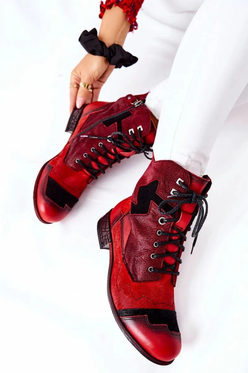 Botki Maciejka|Botki Sznurowane>Maciejka Botki Damskie Skórzane Ocieplane Czerwone 04625-08