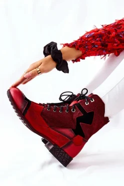 Botki Maciejka|Botki Sznurowane>Maciejka Botki Damskie Skórzane Ocieplane Czerwone 04625-08