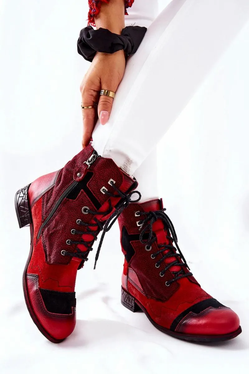Botki Maciejka|Botki Sznurowane>Maciejka Botki Damskie Skórzane Ocieplane Czerwone 04625-08