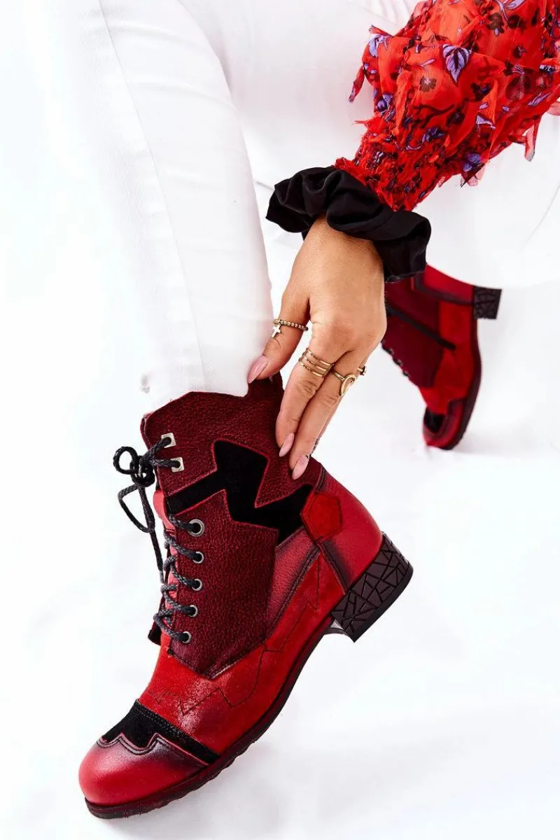 Botki Maciejka|Botki Sznurowane>Maciejka Botki Damskie Skórzane Ocieplane Czerwone 04625-08