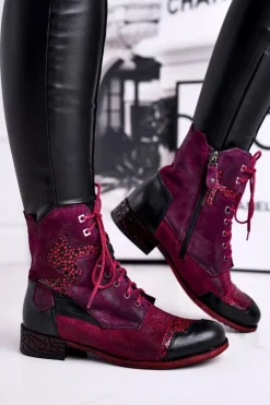 Clearance Maciejka Botki Damskie Skórzane Ocieplane Fioletowe 04625-23