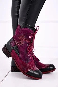 Clearance Maciejka Botki Damskie Skórzane Ocieplane Fioletowe 04625-23