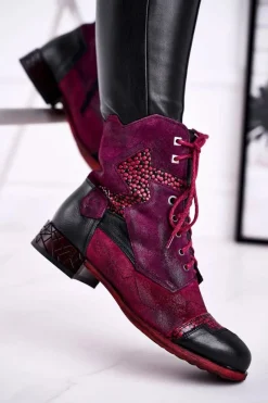 Clearance Maciejka Botki Damskie Skórzane Ocieplane Fioletowe 04625-23