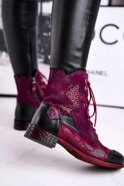 Clearance Maciejka Botki Damskie Skórzane Ocieplane Fioletowe 04625-23