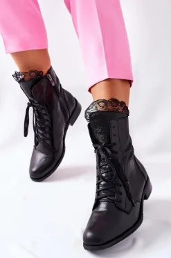 Botki Sznurowane|Czarne Botki>Boto Botki Damskie Skórzane Ocieplane Nicole Czarne 2193