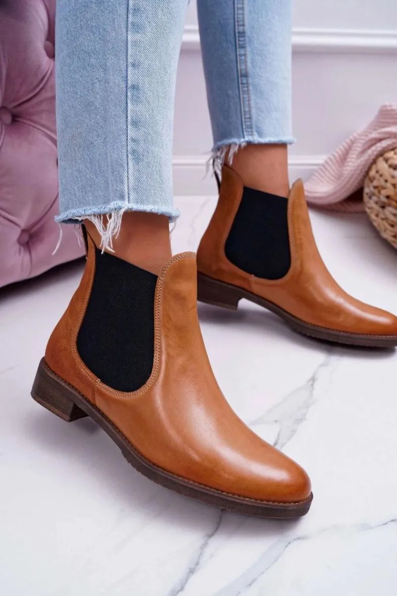 Sale Maciejka Botki Damskie Skórzane Sztyblety Camel 04359