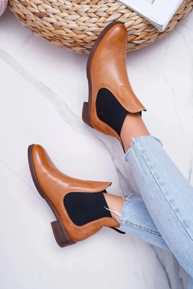 Sale Maciejka Botki Damskie Skórzane Sztyblety Camel 04359