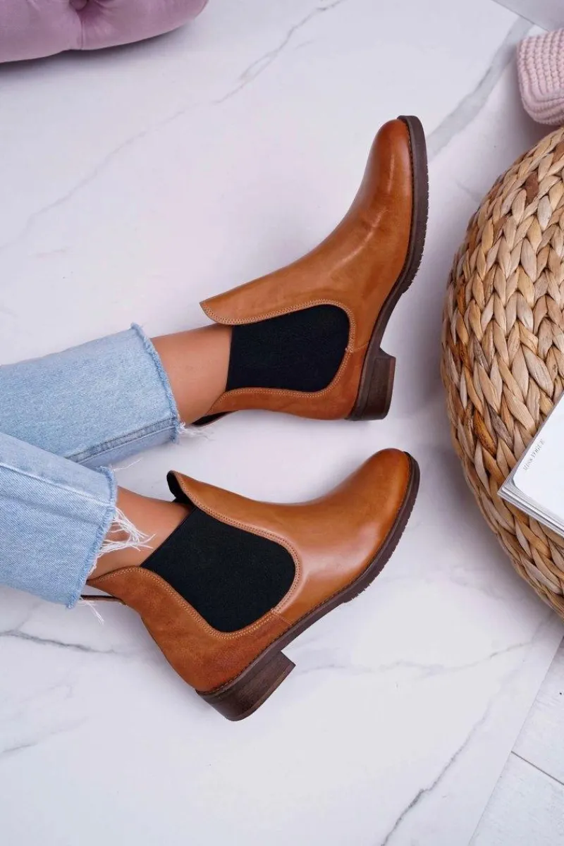 Sale Maciejka Botki Damskie Skórzane Sztyblety Camel 04359