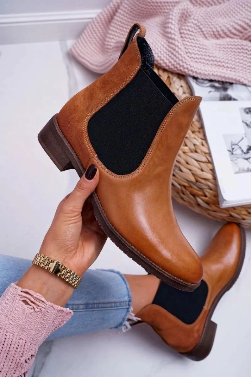 Sale Maciejka Botki Damskie Skórzane Sztyblety Camel 04359