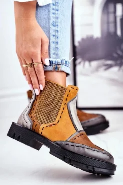 Discount Botki Damskie Skórzane Sztyblety Żółte 04634 Damskie Botki Maciejka|Botki Płaskie