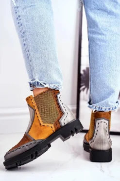 Discount Botki Damskie Skórzane Sztyblety Żółte 04634 Damskie Botki Maciejka|Botki Płaskie