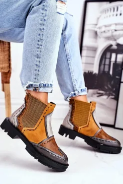 Discount Botki Damskie Skórzane Sztyblety Żółte 04634 Damskie Botki Maciejka|Botki Płaskie