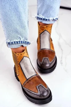 Discount Botki Damskie Skórzane Sztyblety Żółte 04634 Damskie Botki Maciejka|Botki Płaskie