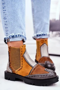 Discount Botki Damskie Skórzane Sztyblety Żółte 04634 Damskie Botki Maciejka|Botki Płaskie