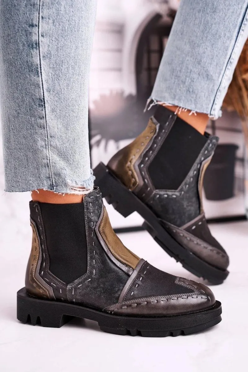 Botki Maciejka|Botki Płaskie>Maciejka Botki Damskie Skórzane Sztyblety Szare 04634-03