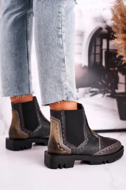 Botki Maciejka|Botki Płaskie>Maciejka Botki Damskie Skórzane Sztyblety Szare 04634-03