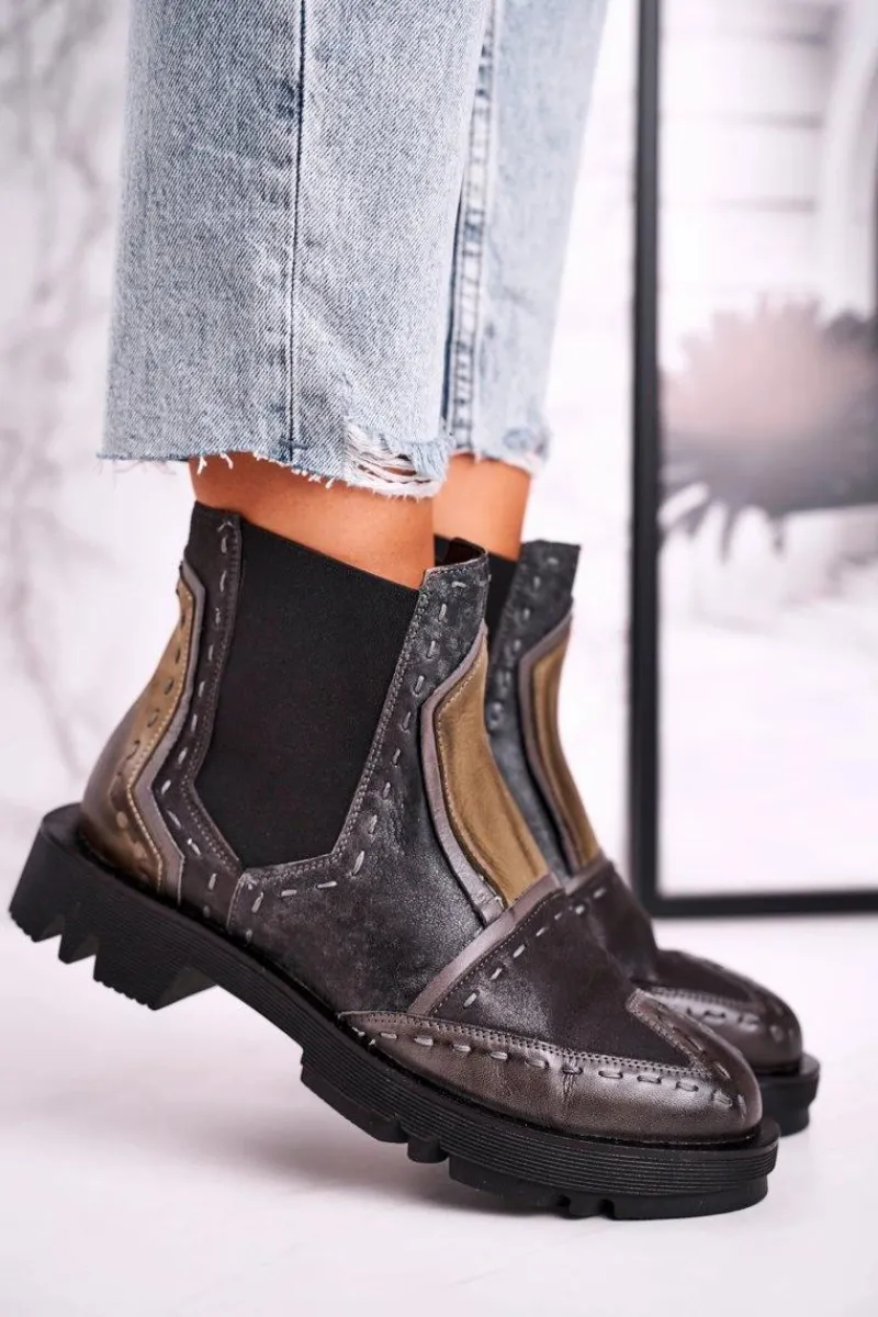 Botki Maciejka|Botki Płaskie>Maciejka Botki Damskie Skórzane Sztyblety Szare 04634-03