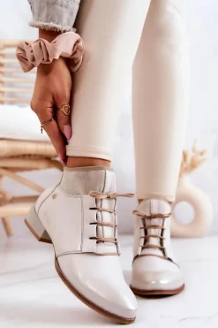 Outlet Maciejka Botki Damskie Skórzane Trzewiki Jasnobeżowe 04744-22