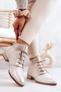 Outlet Maciejka Botki Damskie Skórzane Trzewiki Jasnobeżowe 04744-22