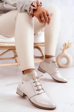 Outlet Maciejka Botki Damskie Skórzane Trzewiki Jasnobeżowe 04744-22