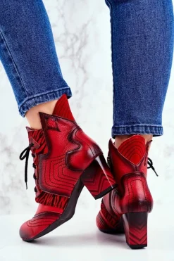 Botki Maciejka|Botki Sznurowane>Maciejka Botki Damskie Skórzane Trzewiki Czerwone 03194