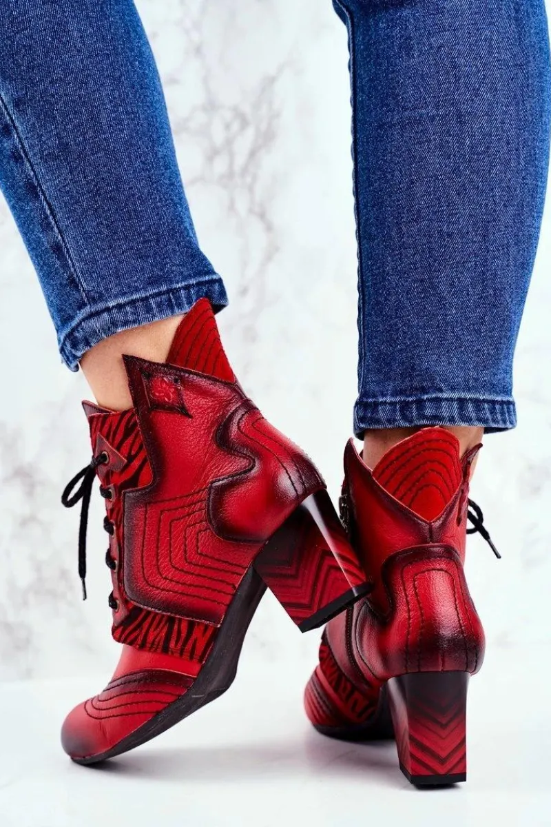 Botki Maciejka|Botki Sznurowane>Maciejka Botki Damskie Skórzane Trzewiki Czerwone 03194