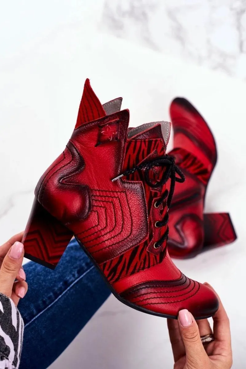 Botki Maciejka|Botki Sznurowane>Maciejka Botki Damskie Skórzane Trzewiki Czerwone 03194