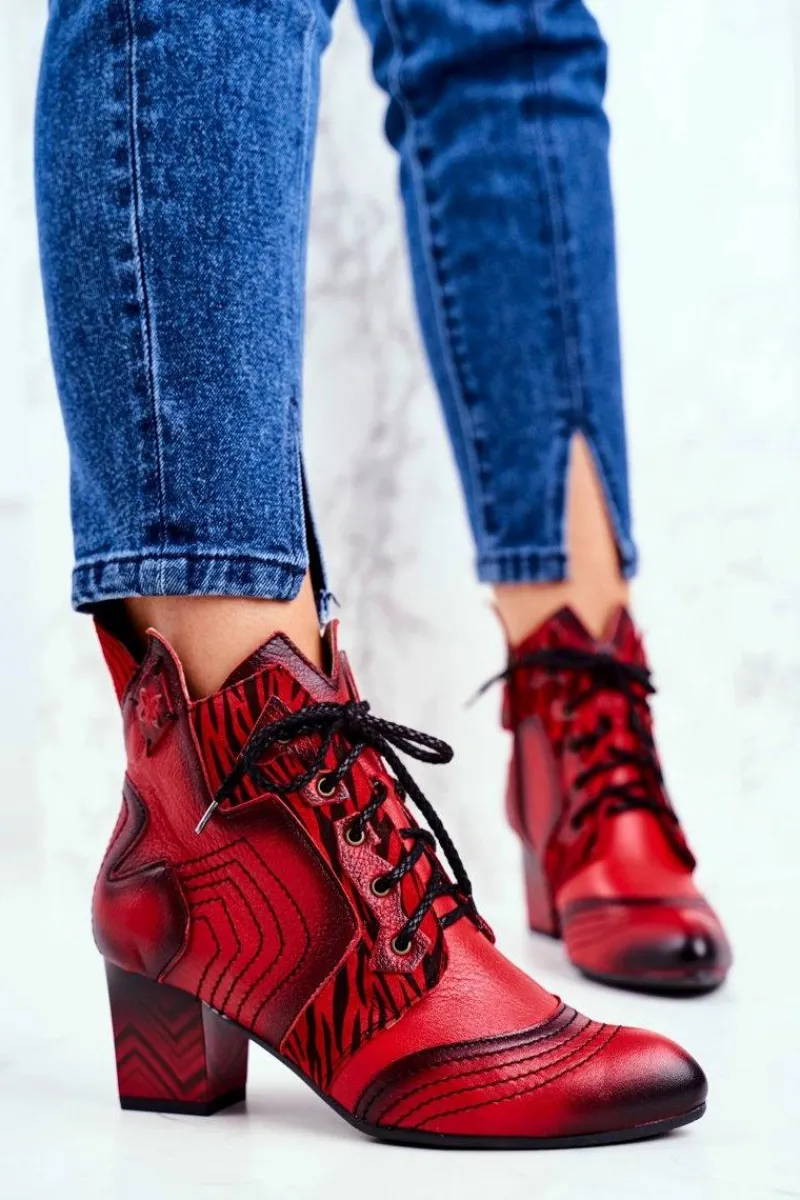 Botki Maciejka|Botki Sznurowane>Maciejka Botki Damskie Skórzane Trzewiki Czerwone 03194