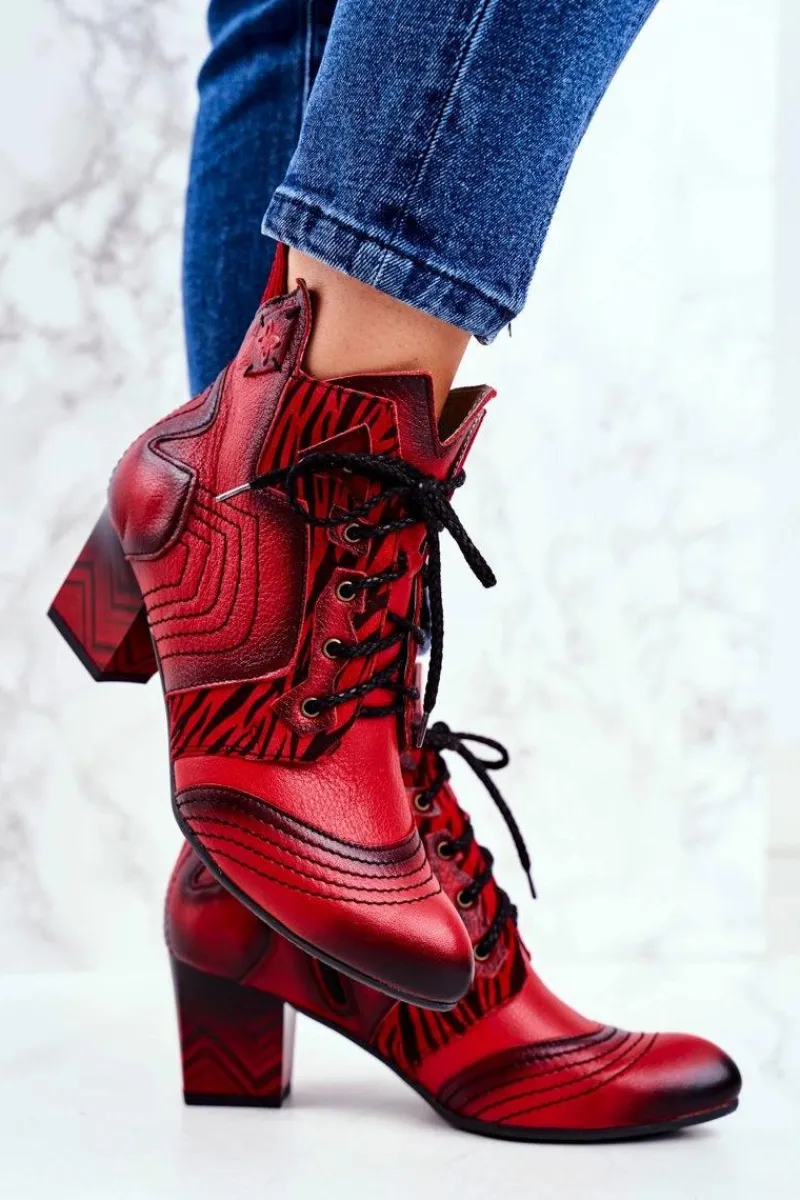 Botki Maciejka|Botki Sznurowane>Maciejka Botki Damskie Skórzane Trzewiki Czerwone 03194