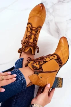 Clearance Maciejka Botki Damskie Skórzane Trzewiki Żółte 03194