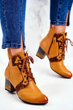 Clearance Maciejka Botki Damskie Skórzane Trzewiki Żółte 03194