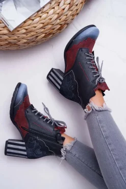 Sale Maciejka Botki Damskie Skórzane Trzewiki Czarne 03190-01