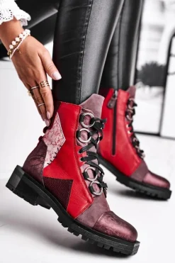 Botki Maciejka|Botki Sznurowane>Maciejka Botki Damskie Skórzane Trzewiki Bordowe 04184-23/00-3