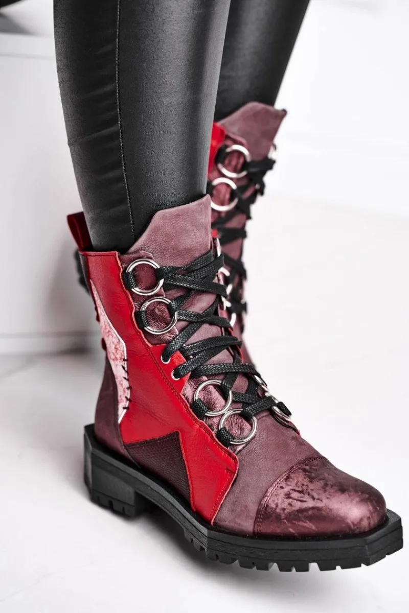 Botki Maciejka|Botki Sznurowane>Maciejka Botki Damskie Skórzane Trzewiki Bordowe 04184-23/00-3