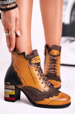 Discount Botki Damskie Skórzane Trzewiki Żółte 03190-07 Damskie Botki Maciejka|Botki Na Słupku