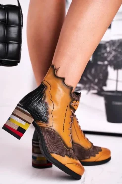 Discount Botki Damskie Skórzane Trzewiki Żółte 03190-07 Damskie Botki Maciejka|Botki Na Słupku