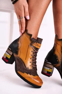 Discount Botki Damskie Skórzane Trzewiki Żółte 03190-07 Damskie Botki Maciejka|Botki Na Słupku