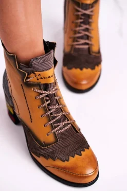 Discount Botki Damskie Skórzane Trzewiki Żółte 03190-07 Damskie Botki Maciejka|Botki Na Słupku