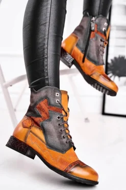 Maciejka Botki Damskie Skórzane Trzewiki Ocieplane Żółte 04625-07