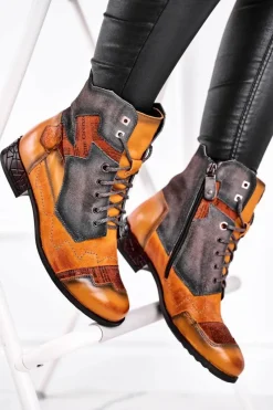 Maciejka Botki Damskie Skórzane Trzewiki Ocieplane Żółte 04625-07