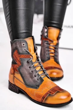 Maciejka Botki Damskie Skórzane Trzewiki Ocieplane Żółte 04625-07